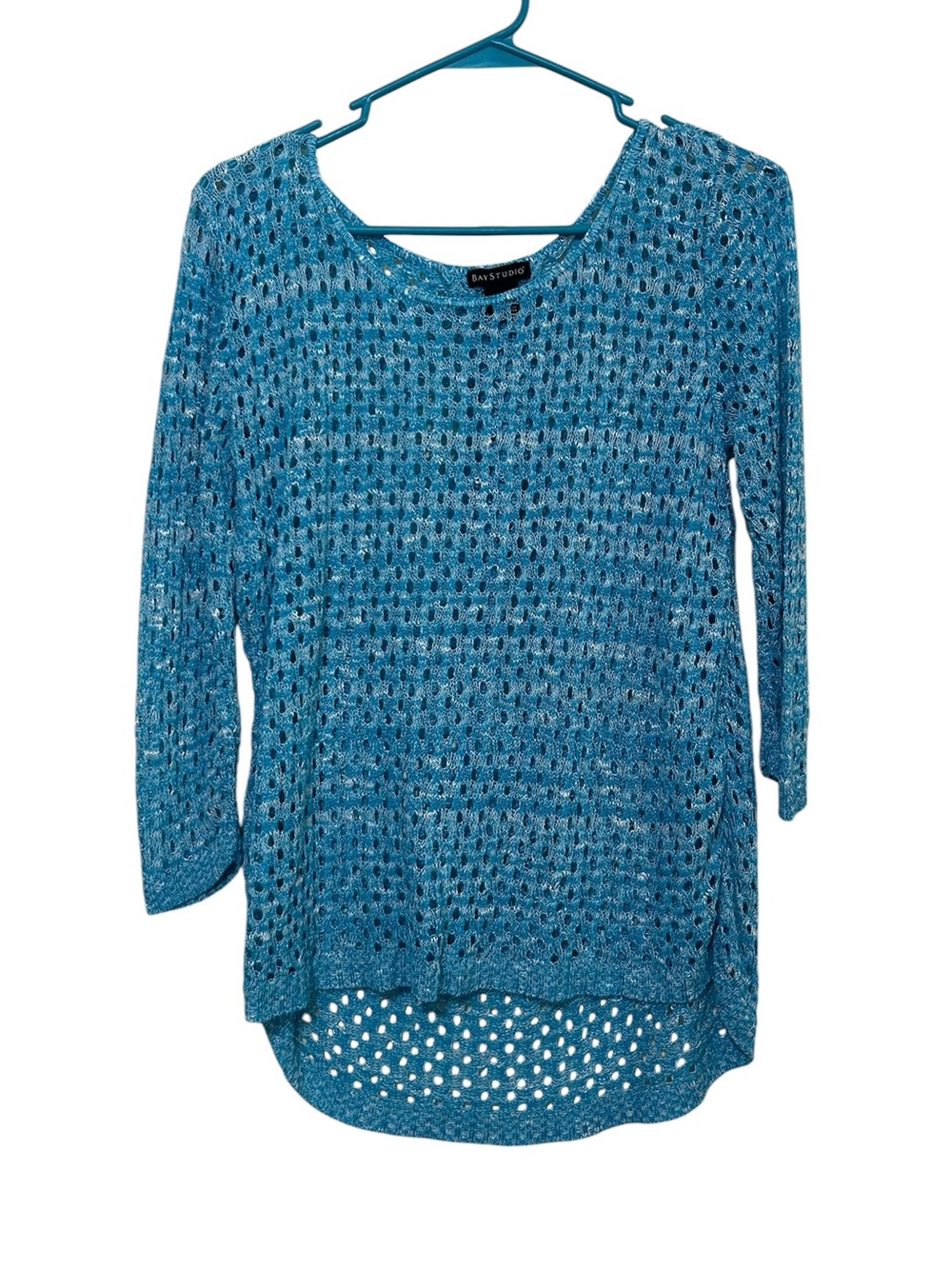 Bay Studio Aqua and White Open-Knit Crochet Sweater